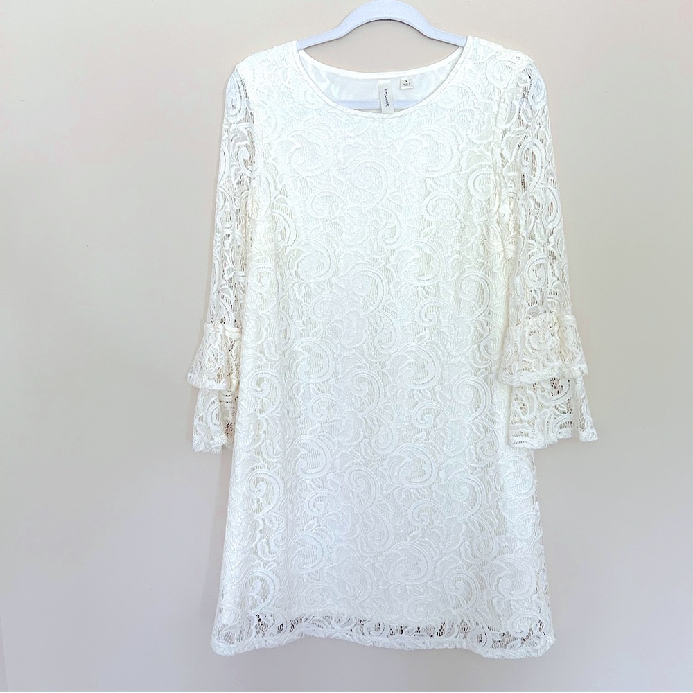 Tacera White Ivory Sheath Lace Crochet Cocktail Dress with Bell Layered Sleeves